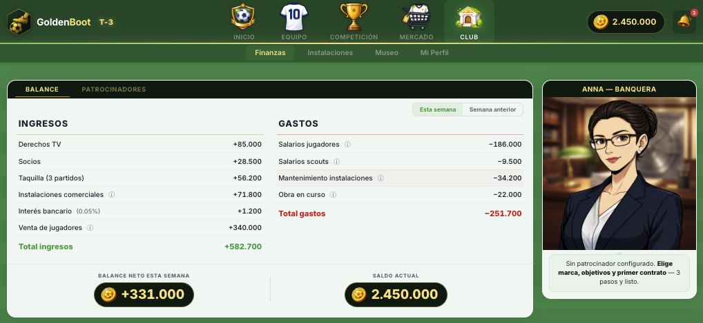Pantalla de finanzas y patrocinadores